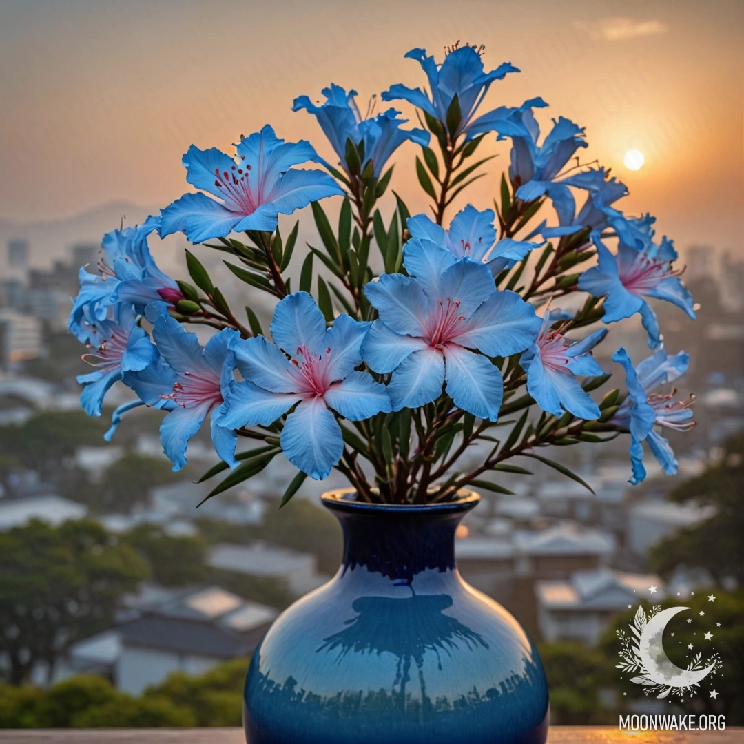 Синяя ваза с нежными цветами олеандра, окутанная туманом на закате.