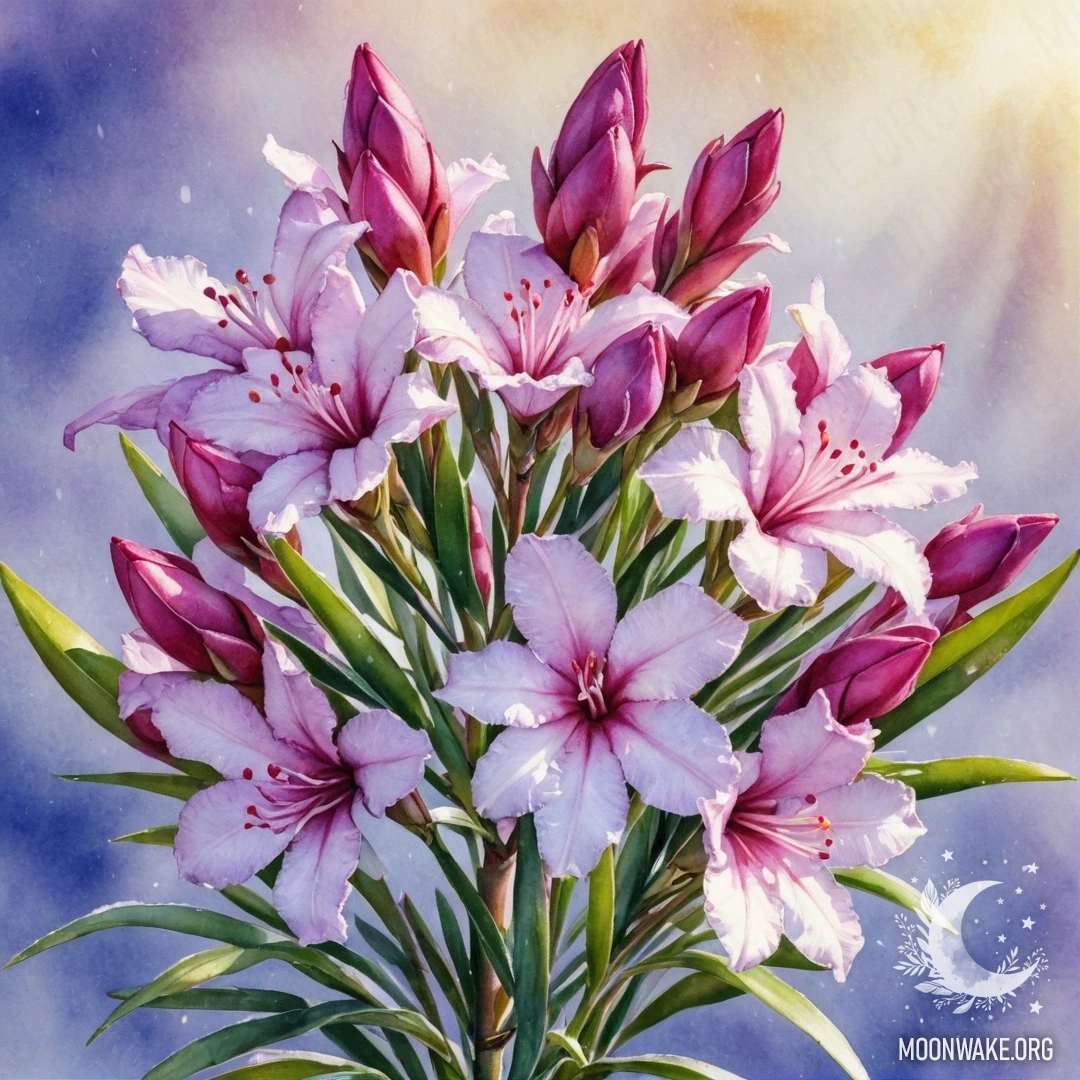 Букет нежного олеандра на морозе с солнечными лучами, фиолетового цвета.