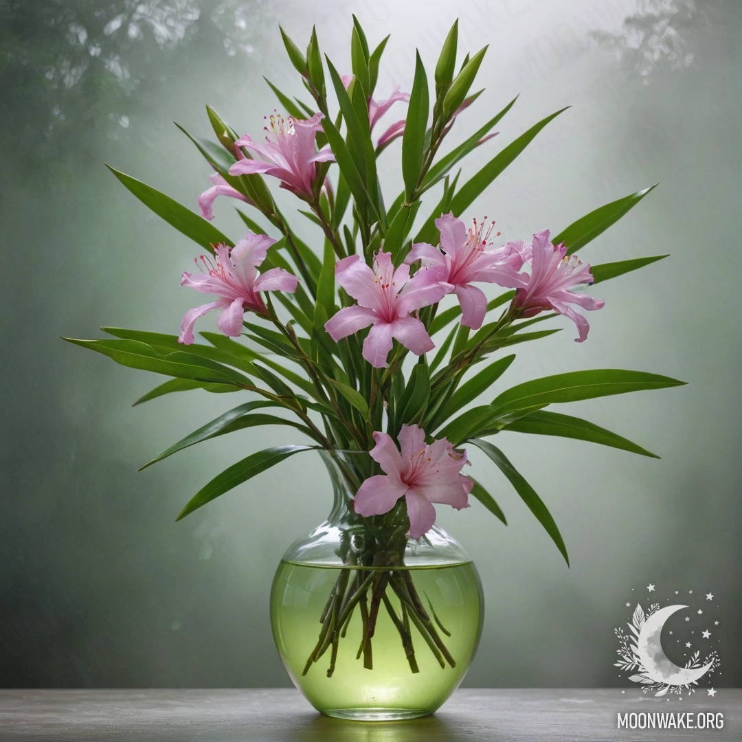 Ваза лимонного цвета с нежными цветами олеандра, окруженная туманом.