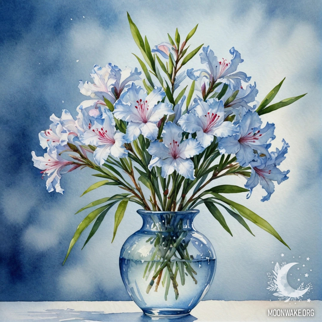 Акварельная картина с нежным олеандром в голубой вазе, окружённой туманом.