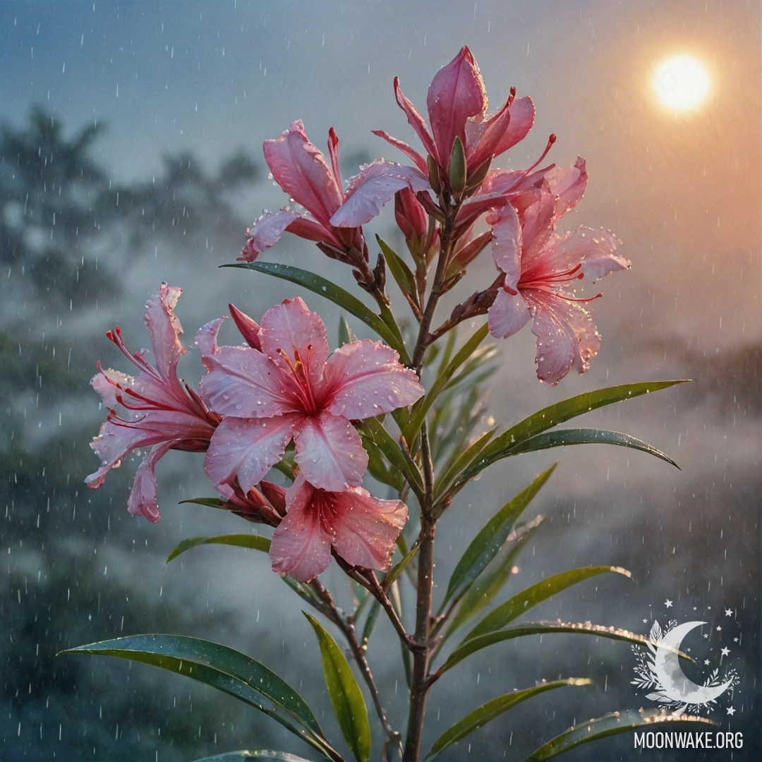 Акварельная живопись нежных цветов олеандра в туманном дожде на закате.