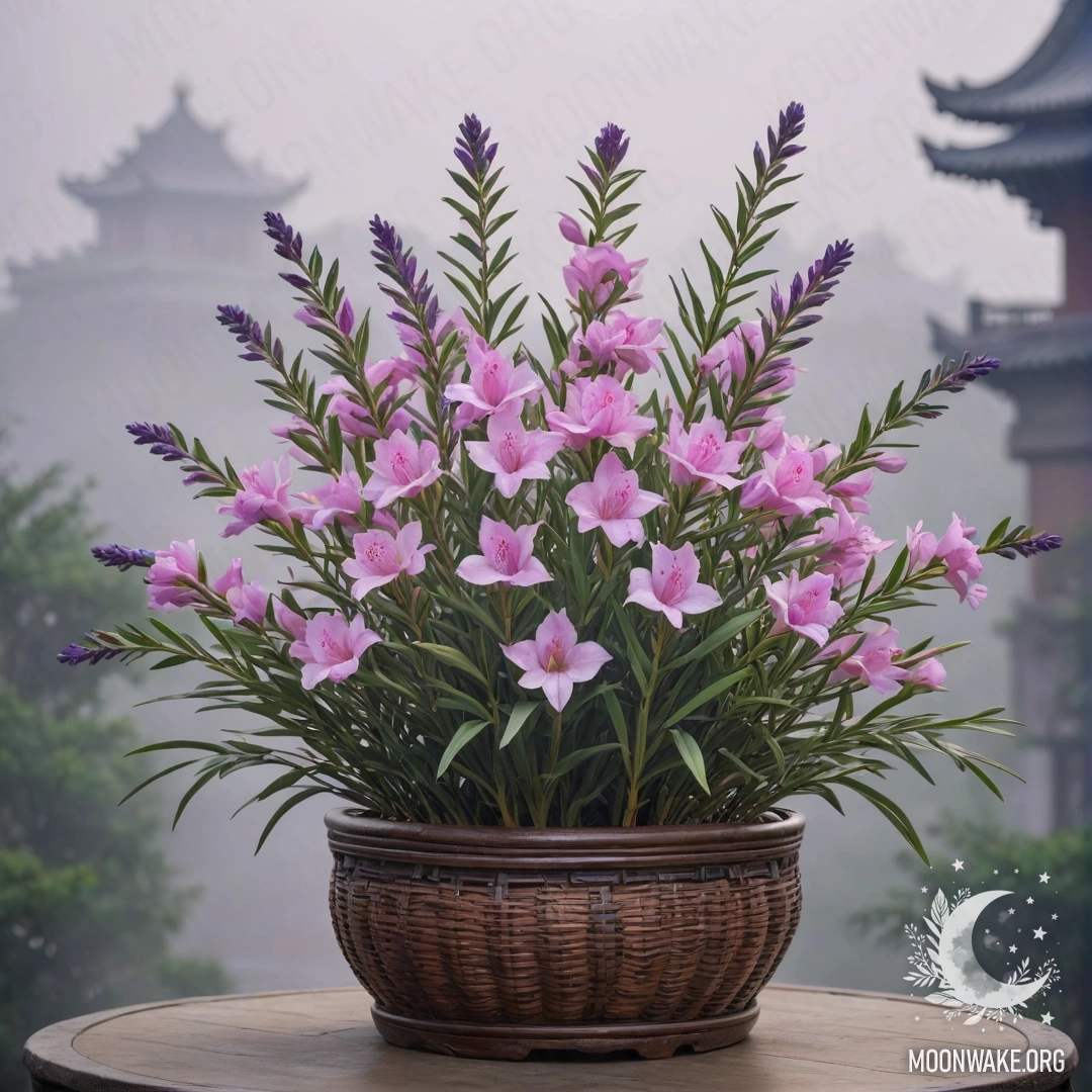 Нежный цветок олеандра лавандового цвета, тихо лежащий в туманной корзине.