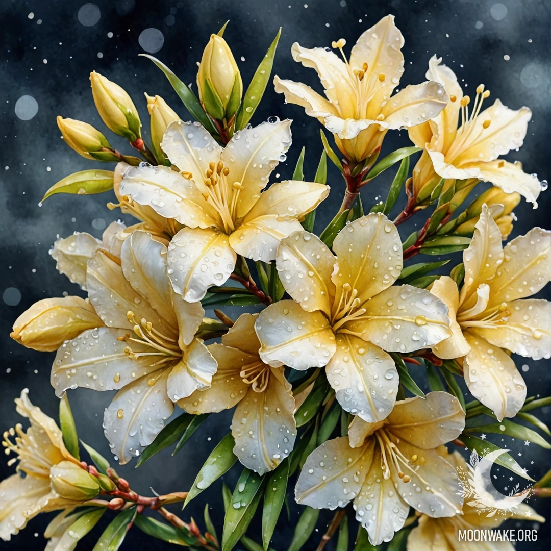 Нежный цветок олеандра с росинками на фоне ночного неба.