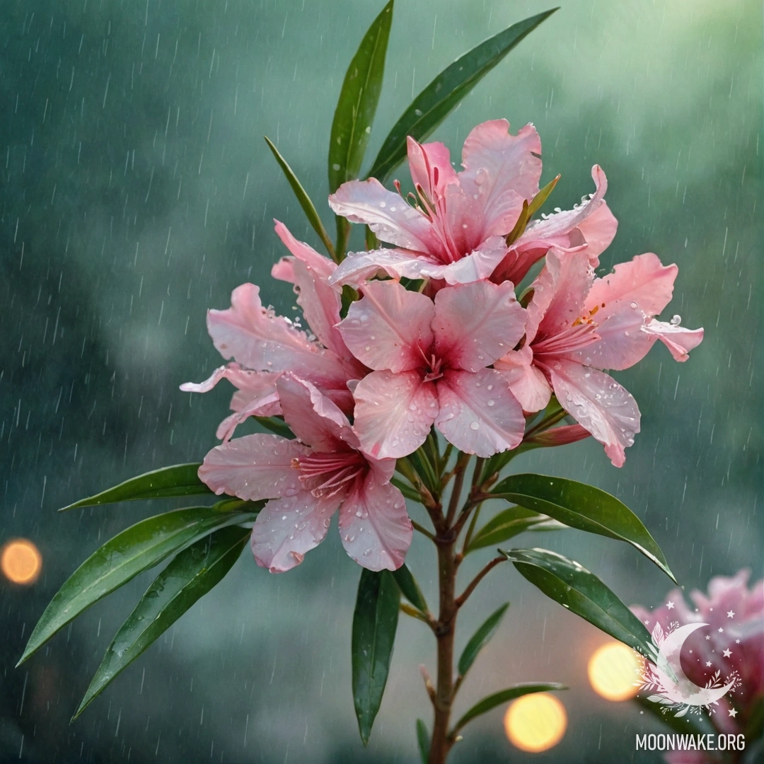 Акварельная картина нежных цветов олеандра под дождем на закате.