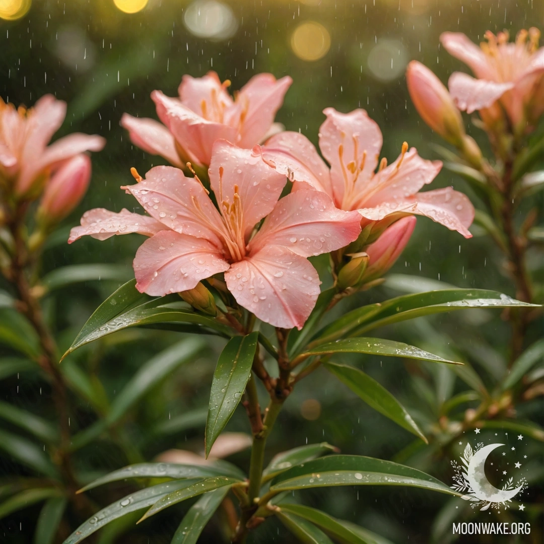 Нежный олеандр под дождем на закате, с золотыми узорами и японской каллиграфией.