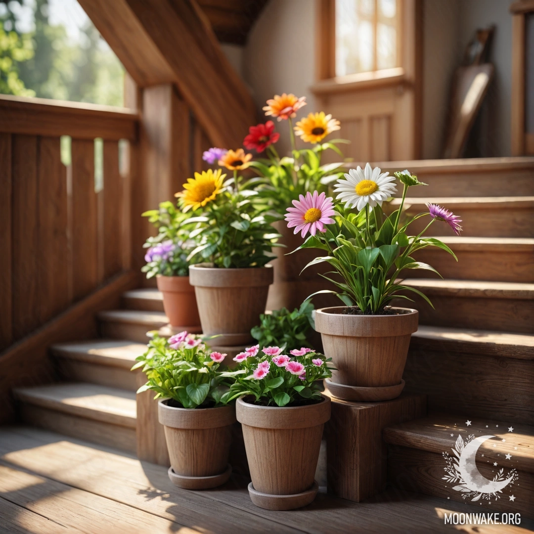Красивая деревянная лестница, украшенная цветочными горшками, залитая солнечными лучами.