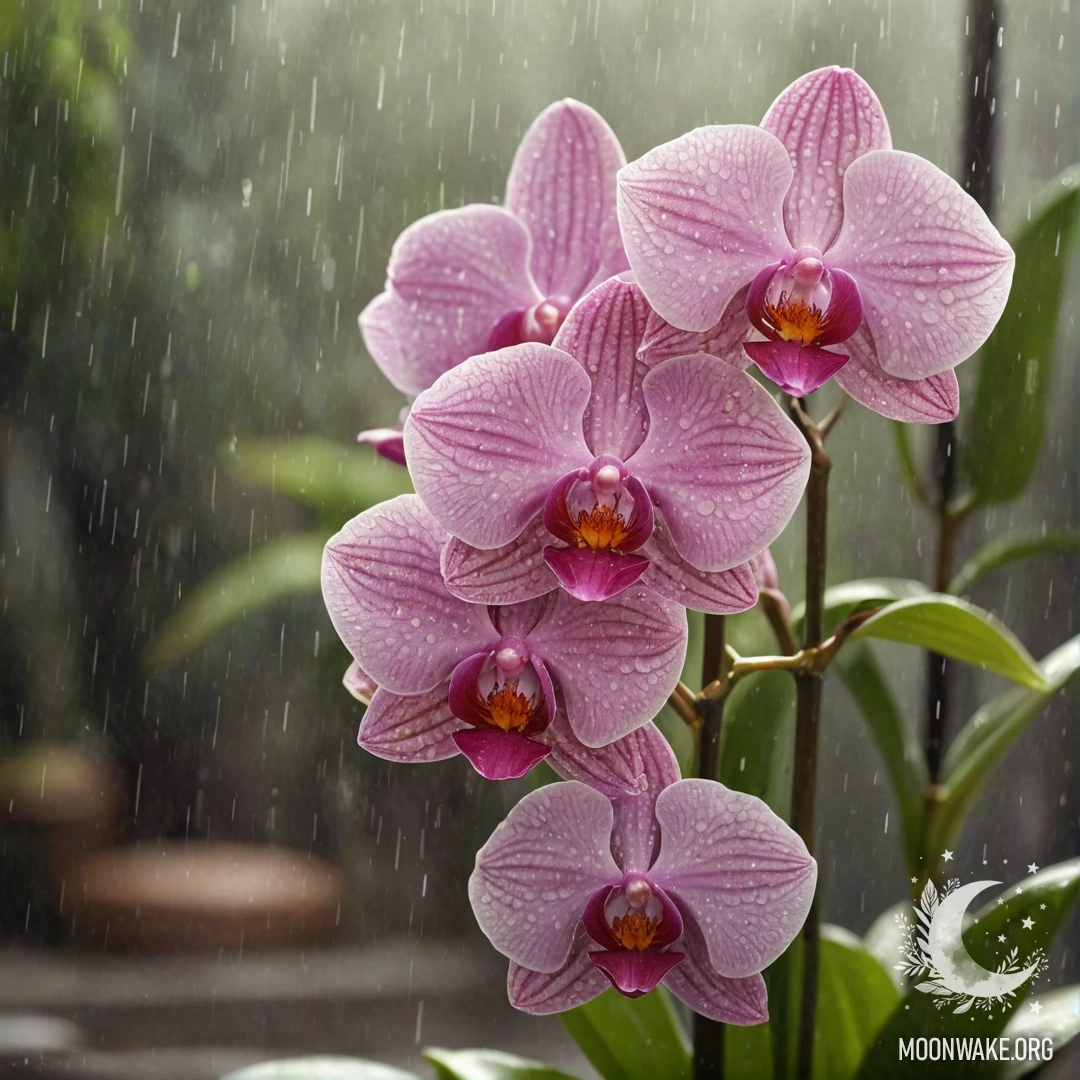 Красивая розовая орхидея, окруженная нежными каплями дождя и лучами солнца.