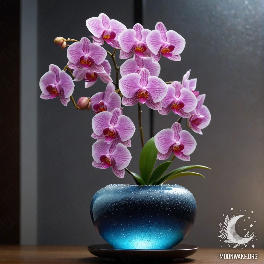 Нежная орхидея с каплями росы, освещенная ночью в вазе.
