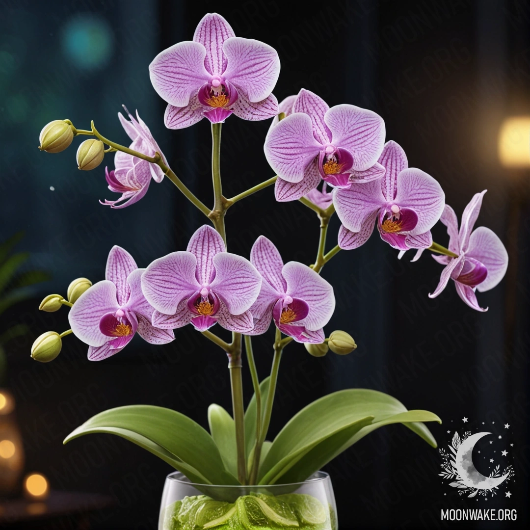 Нежная орхидея с паутиной, освещенная ночью, в вазе цвета лайма.