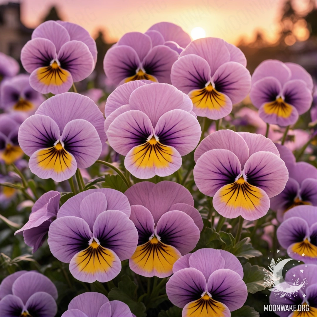 Спокойная сцена, изображающая нежные розовые анютины глазки под закатным небом.