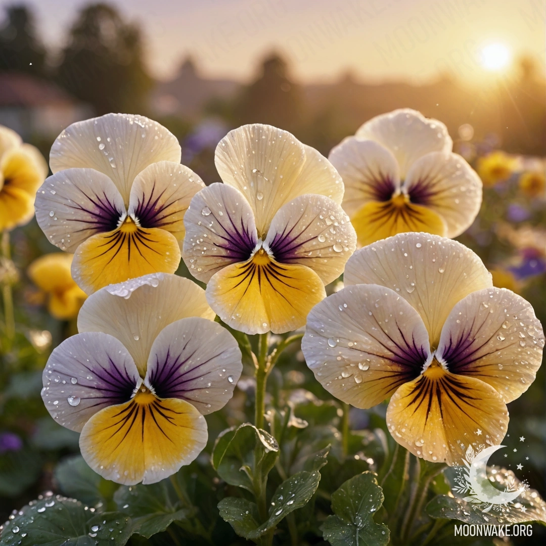 Нежные кремово-желтые пансионы, украшенные каплями росы, на фоне заката.