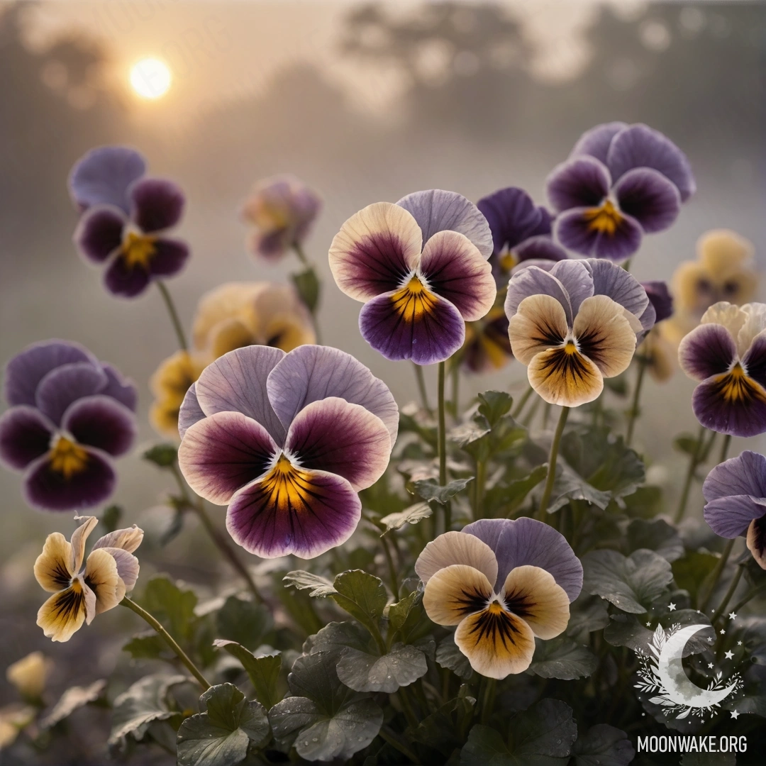 Спокойная сцена с нежными анютиными глазками, окруженными туманом на закате.