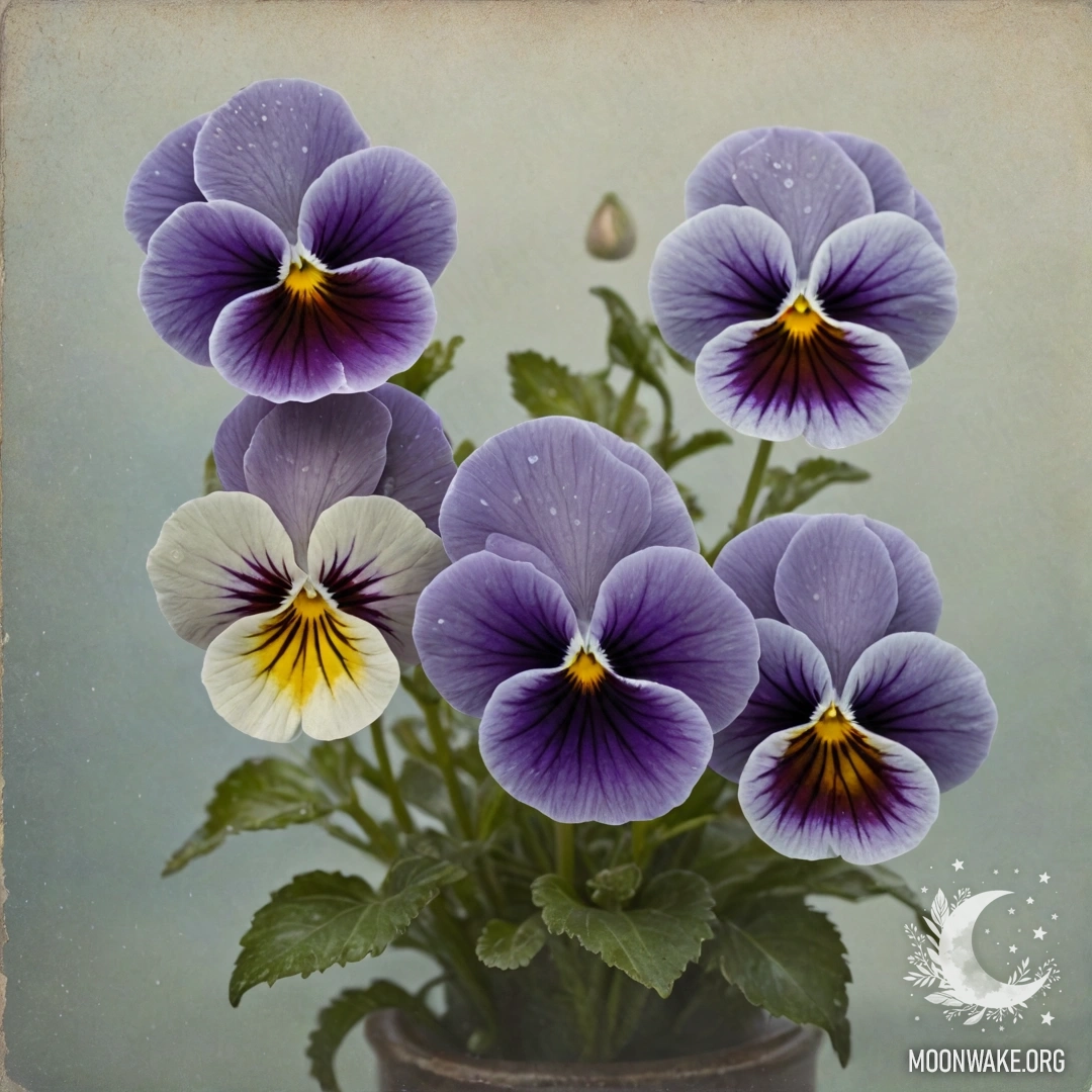 Мягкая композиция нежных Анютиных Глазок, окруженных туманом и сверкающими элементами.