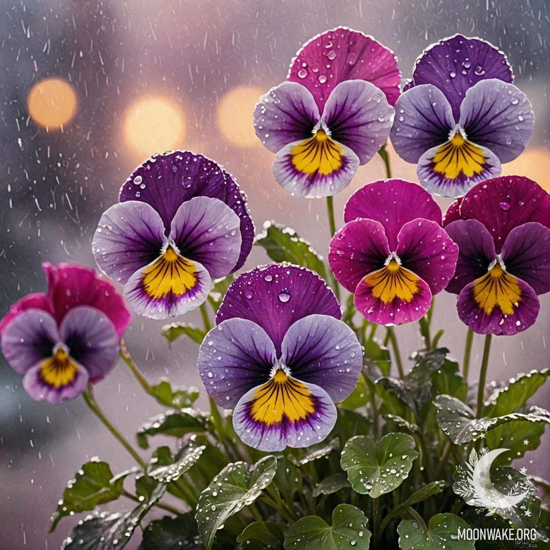 Акварельная картина нежных анютиных глазок фуксии в тумане под дождем на закате.