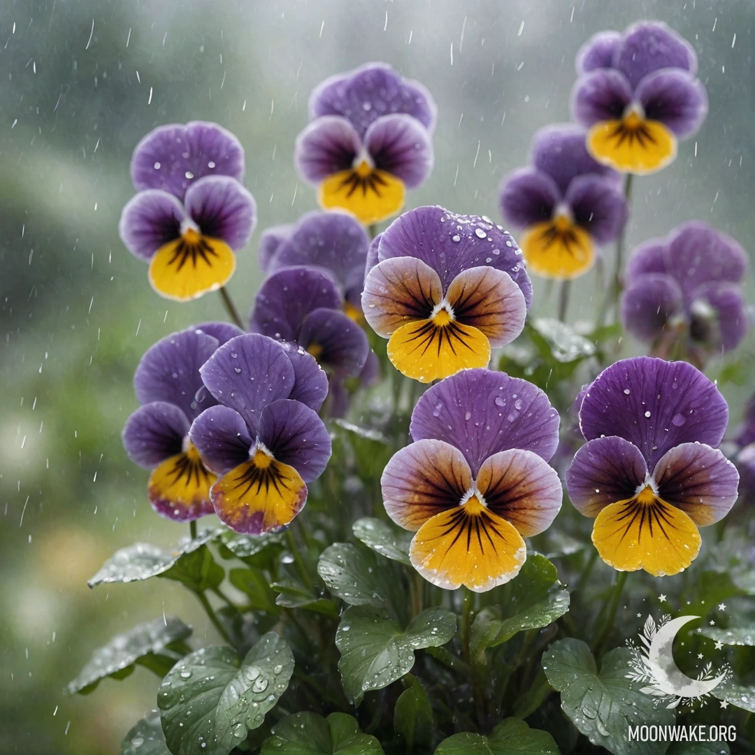 Акварельная картина с фиалками оливкового цвета, окружёнными туманом и дождём.