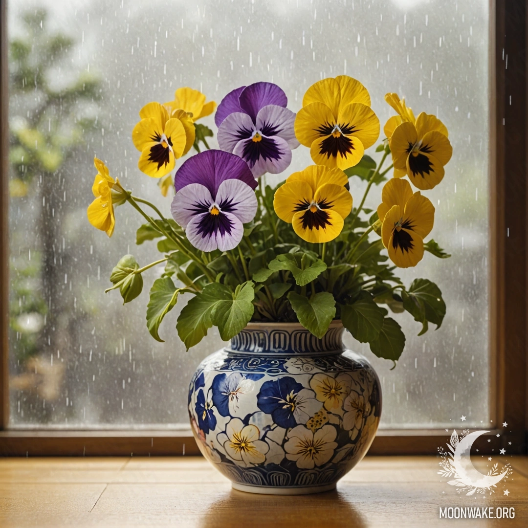 Ваза с желтыми виолами, покрытыми каплями дождя, на фоне солнечного света.