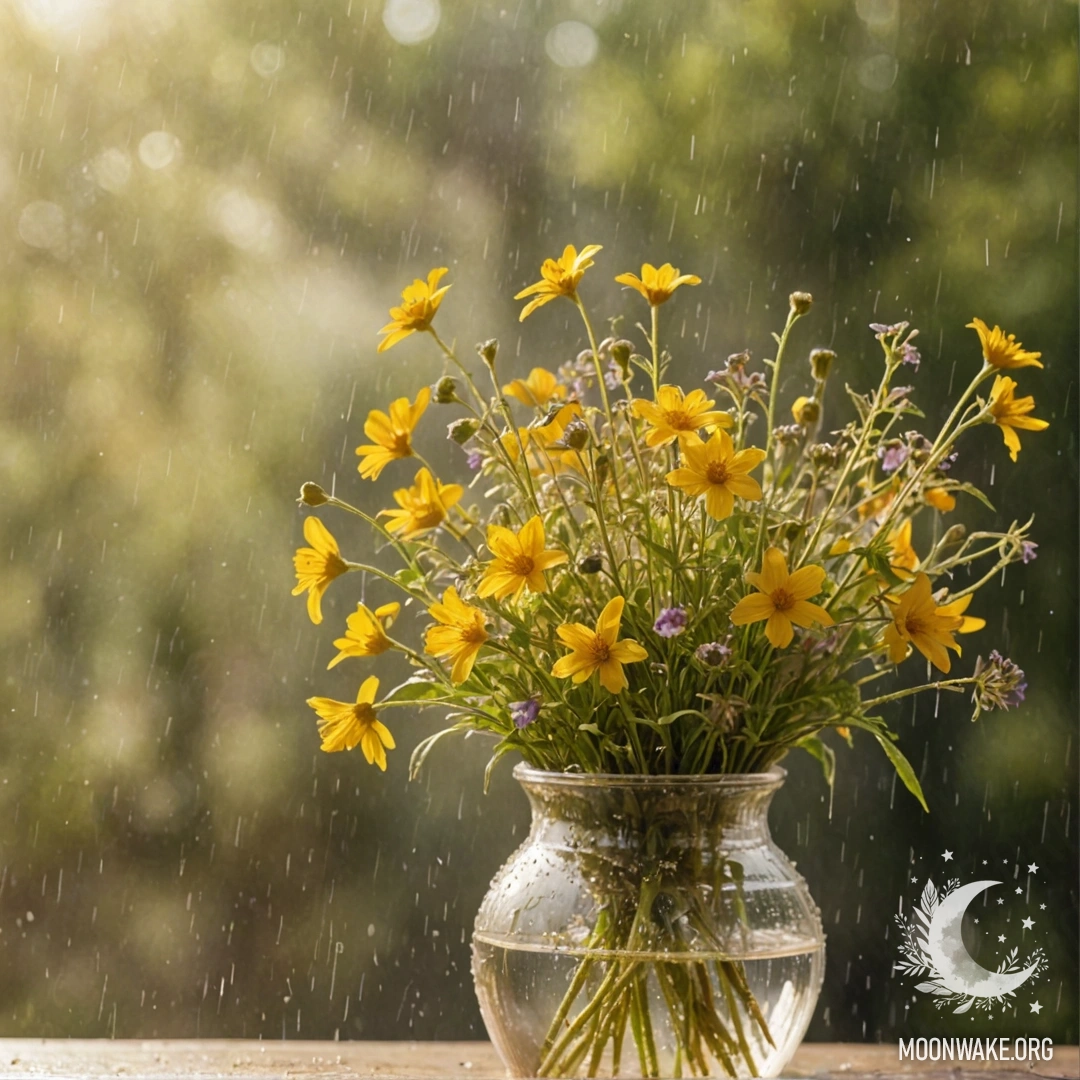 Ваза с красными панси под дождем, нежно написанная.