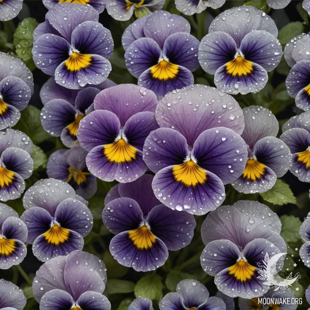 Крупный план нежных фиалок, украшаемых росинками, сверкающими ночью.