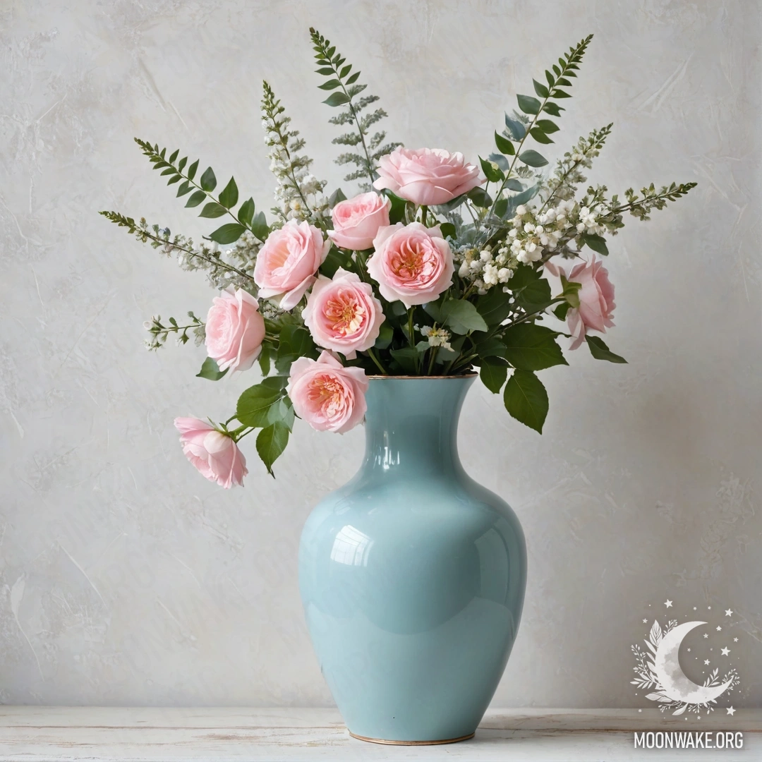 Пастельная синяя металлическая ваза с белыми и розовыми цветами на фоне обветшалой белой стены с гирляндами света.