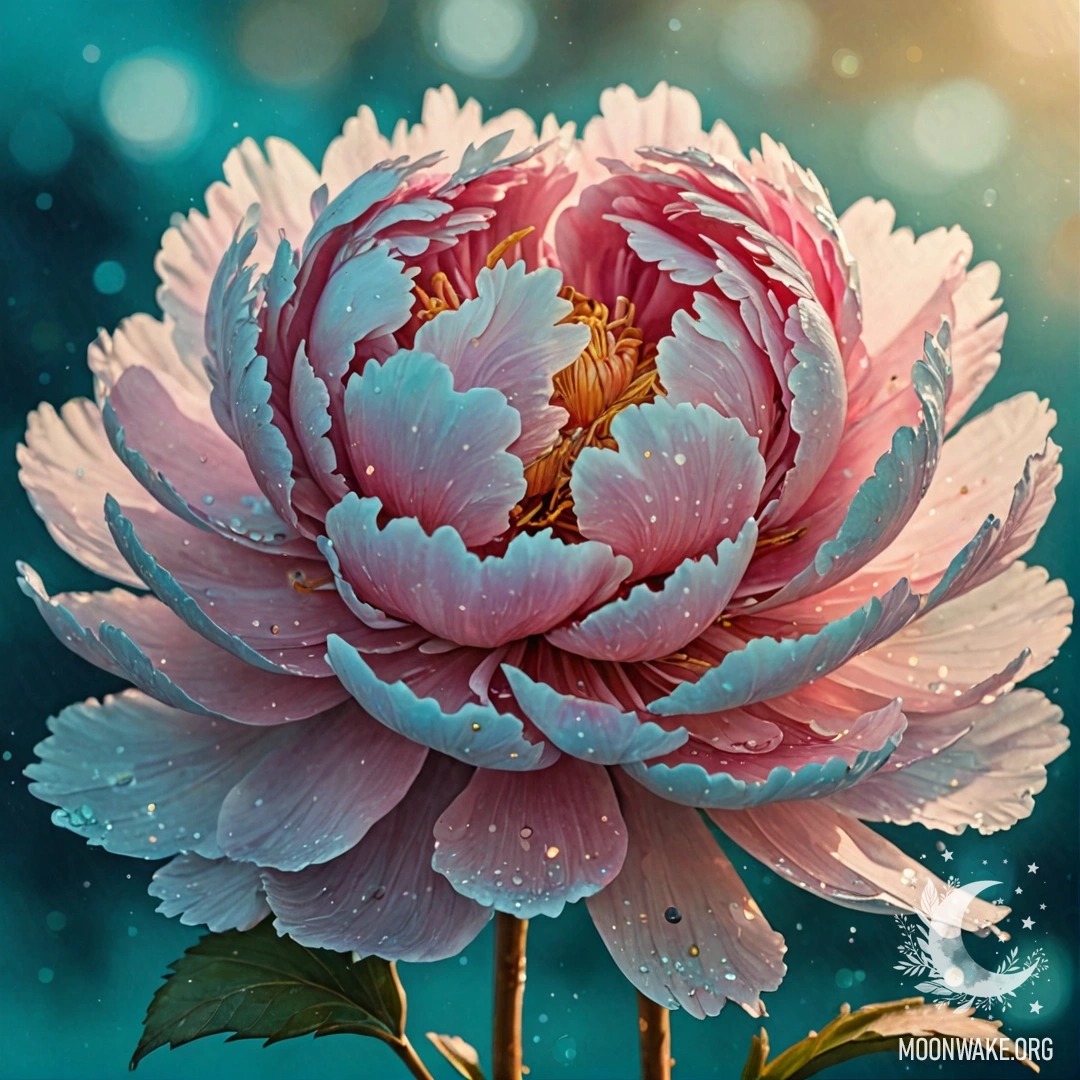 Нежный аквамариновый пион, освещённый тёплым светом заката, украшенный блестящими пайетками.