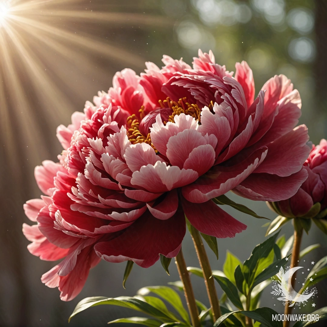 Яркий букет красных пионов, украшенный паутиной и солнечными лучами.