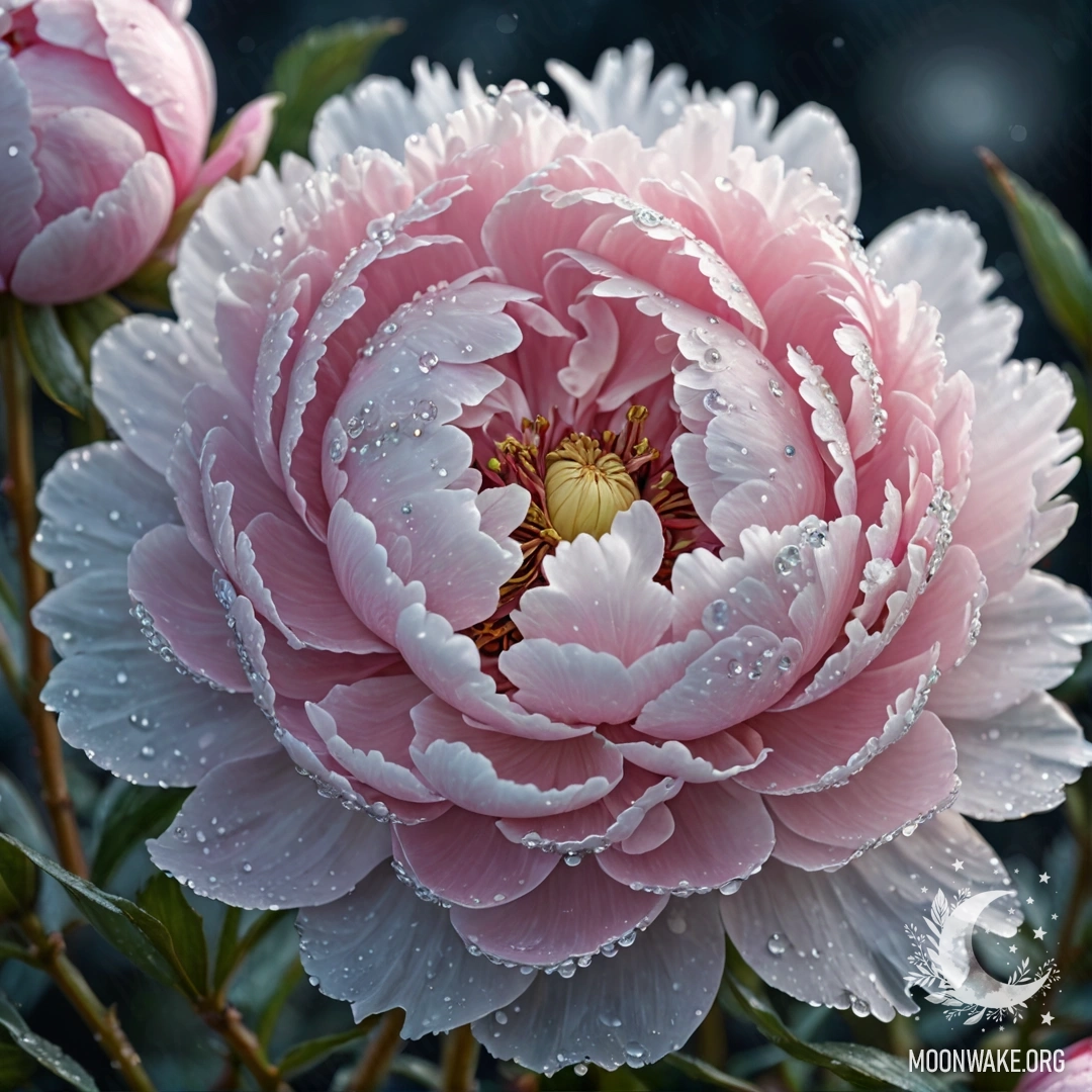 Нежный пион, покрытый морозом, окруженный стразами, ночью.