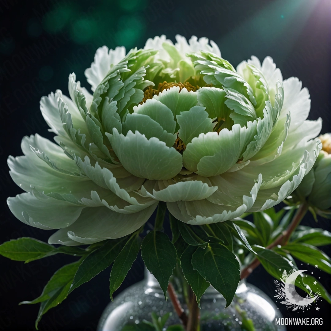 Нежный зеленый вазон с пионом, окруженным туманом, ночью.