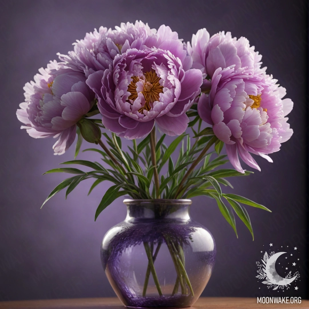 Лавандовый пион в вазе, окружённый ночным туманом.