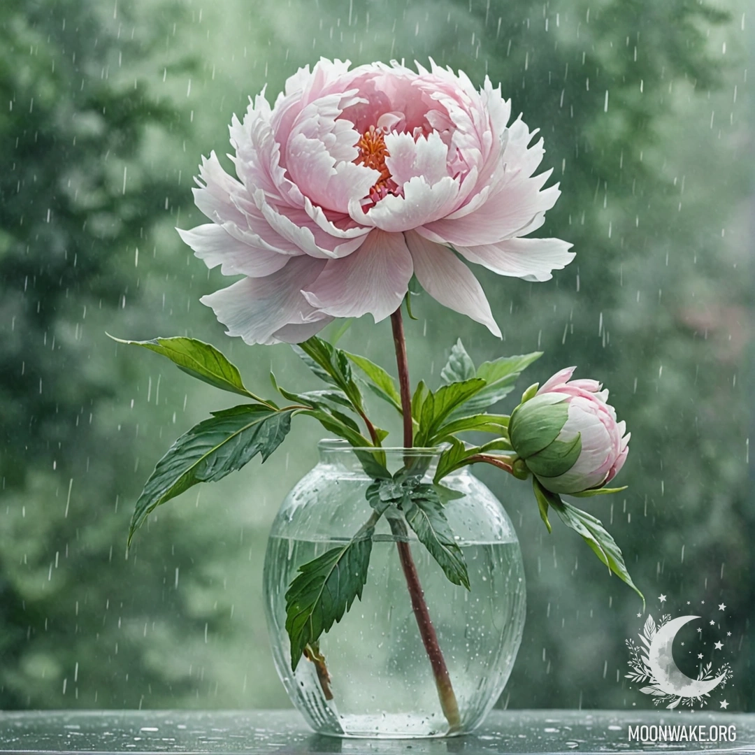 Цветок пиона в вазе мятного цвета, окруженный туманом и дождем.
