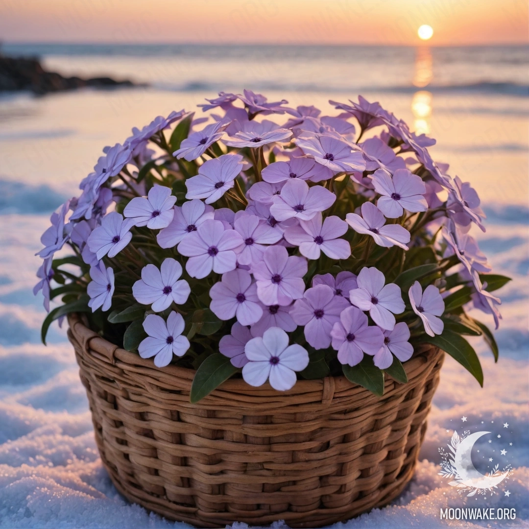 Корзина, наполненная нежными цветами флокса, покрытыми морозом, на фоне заката в цветах морской волны.