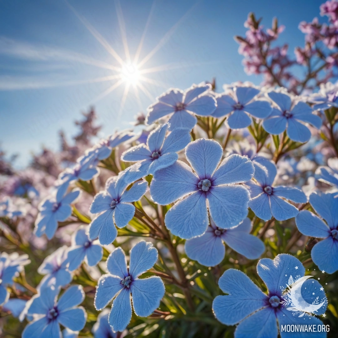 Нежные цветы флокс, покрытые инеем, пронизанные солнечными лучами.