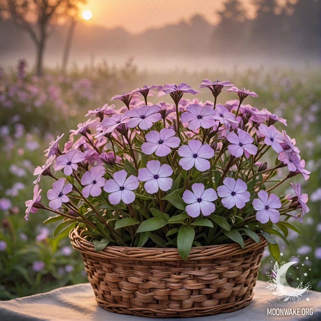 Корзина с нежными флоксами на фоне туманного заката.