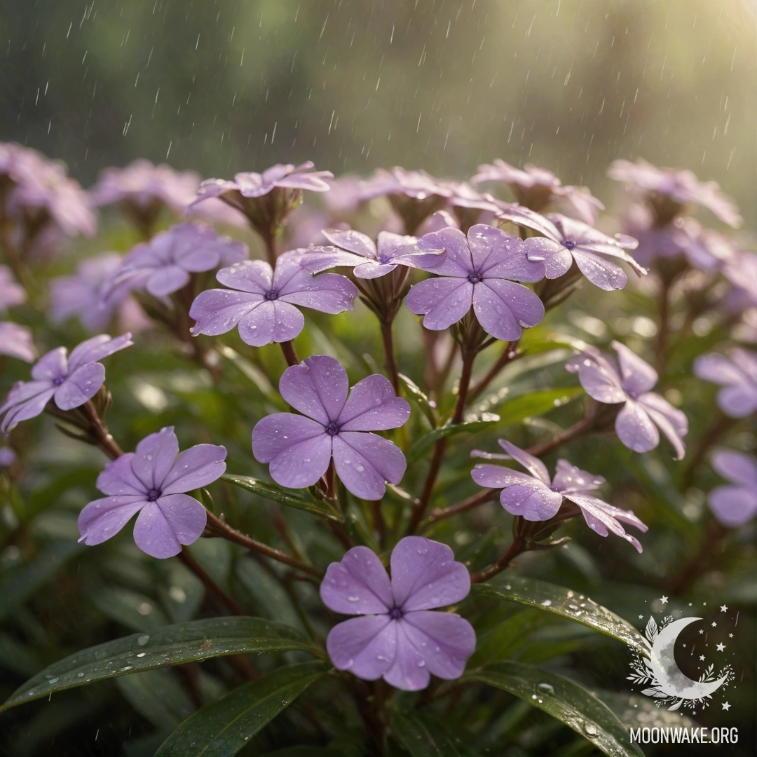 Нежный цветок флокса в окружении тумана и дождя, залитый солнечными лучами.