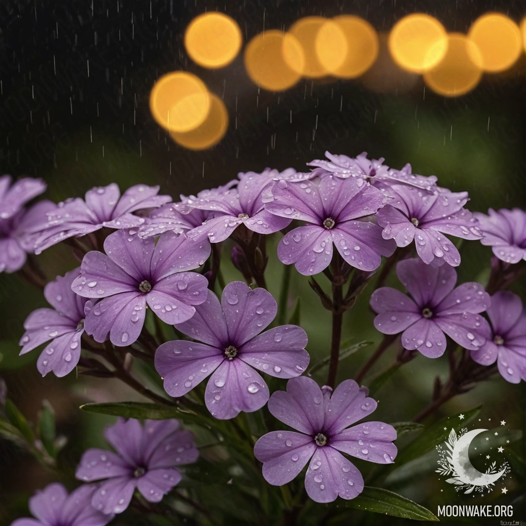 Нежные флоксы, окутанные туманным дождем ночью.