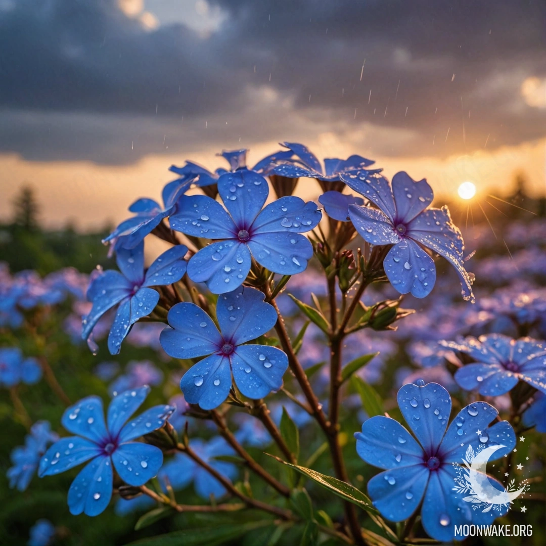 Синие флоксы, нежно пропитанные дождем, на фоне закатного неба.