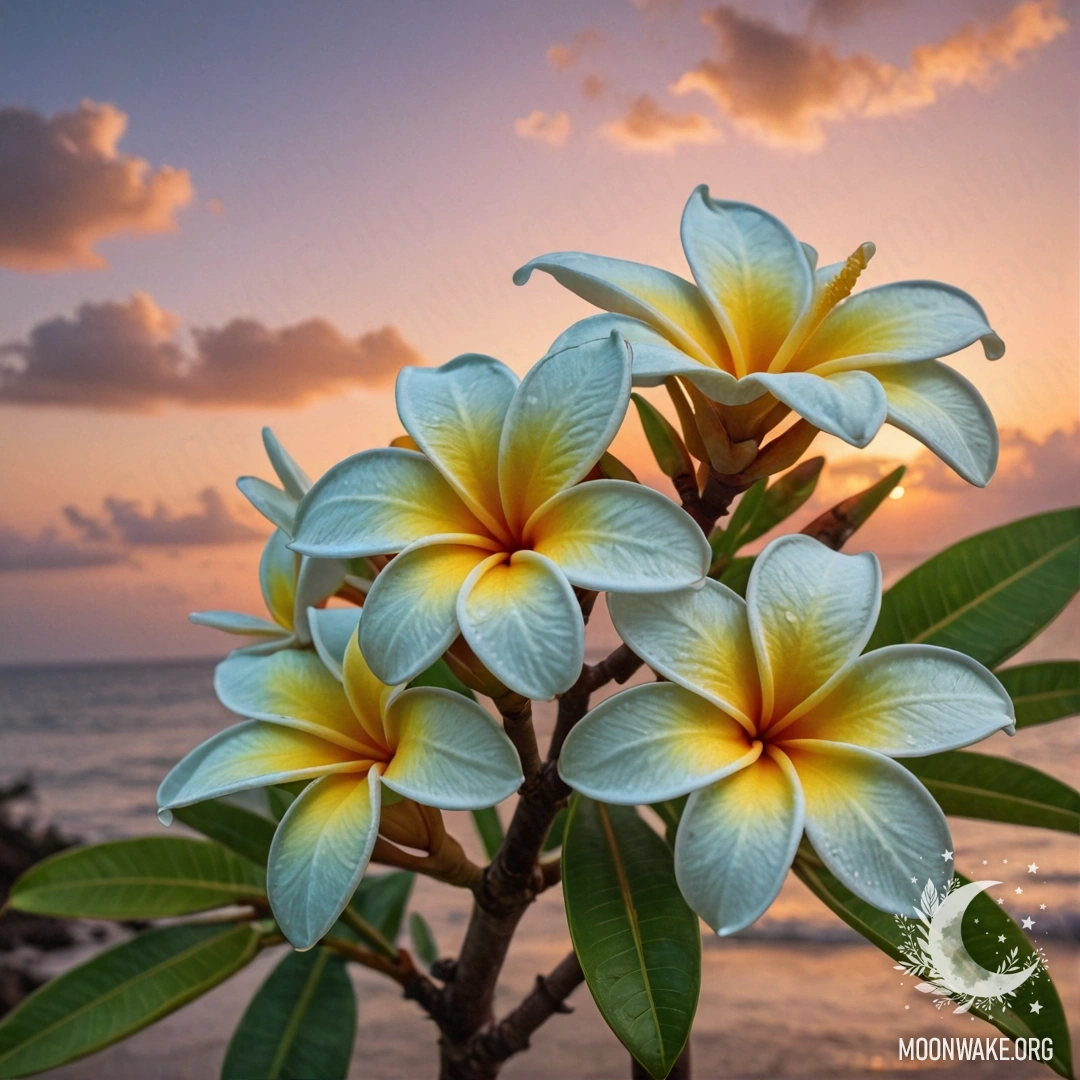 Нежный цветок плумерии с паутинкой на фоне заката цвета мяты.