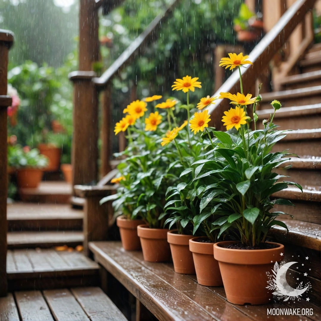 Деревянная лестница с цветочными горшками под дождем.