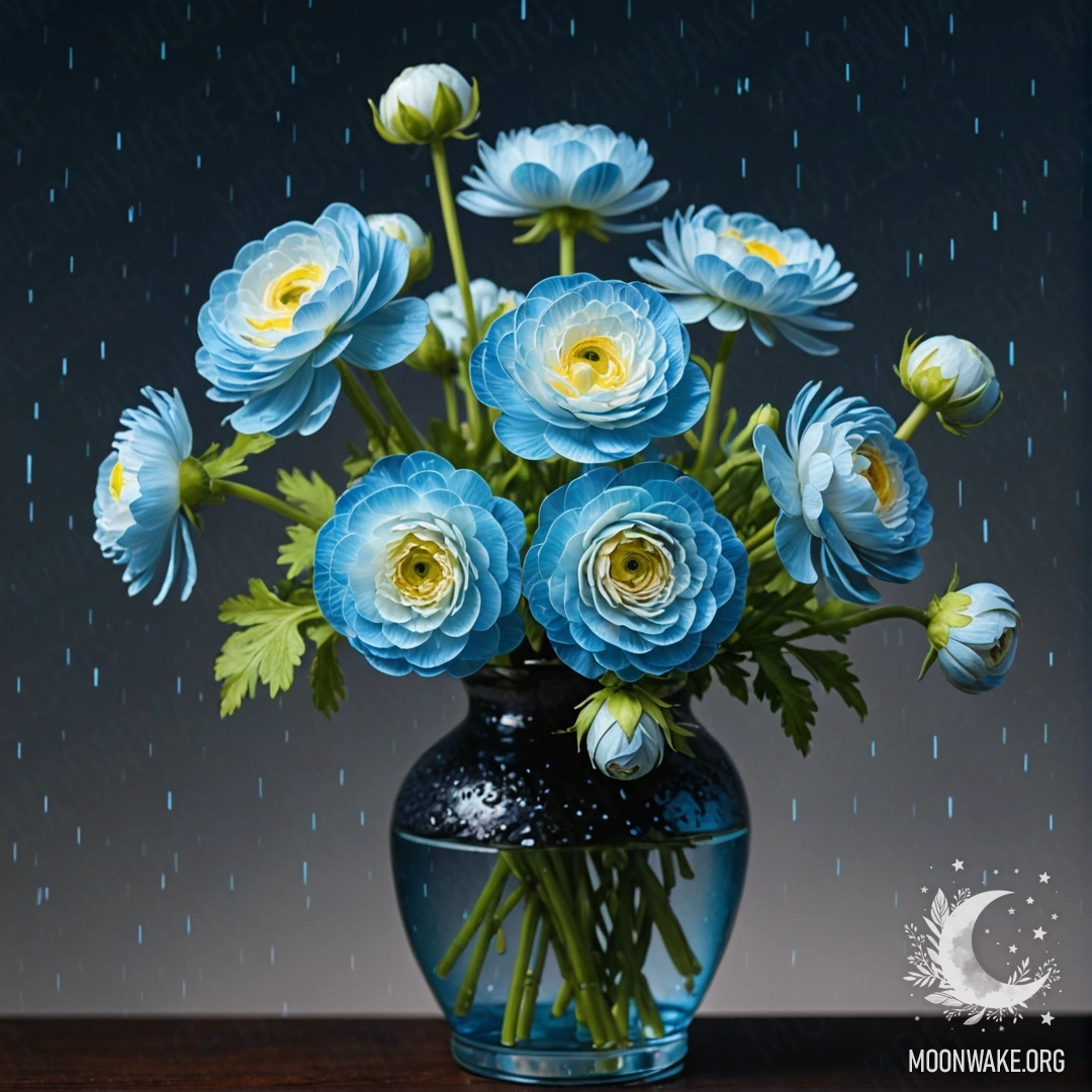 Ваза небесно-голубого цвета содержит нежные цветы ракункуса, сверкающие под дождём ночью.