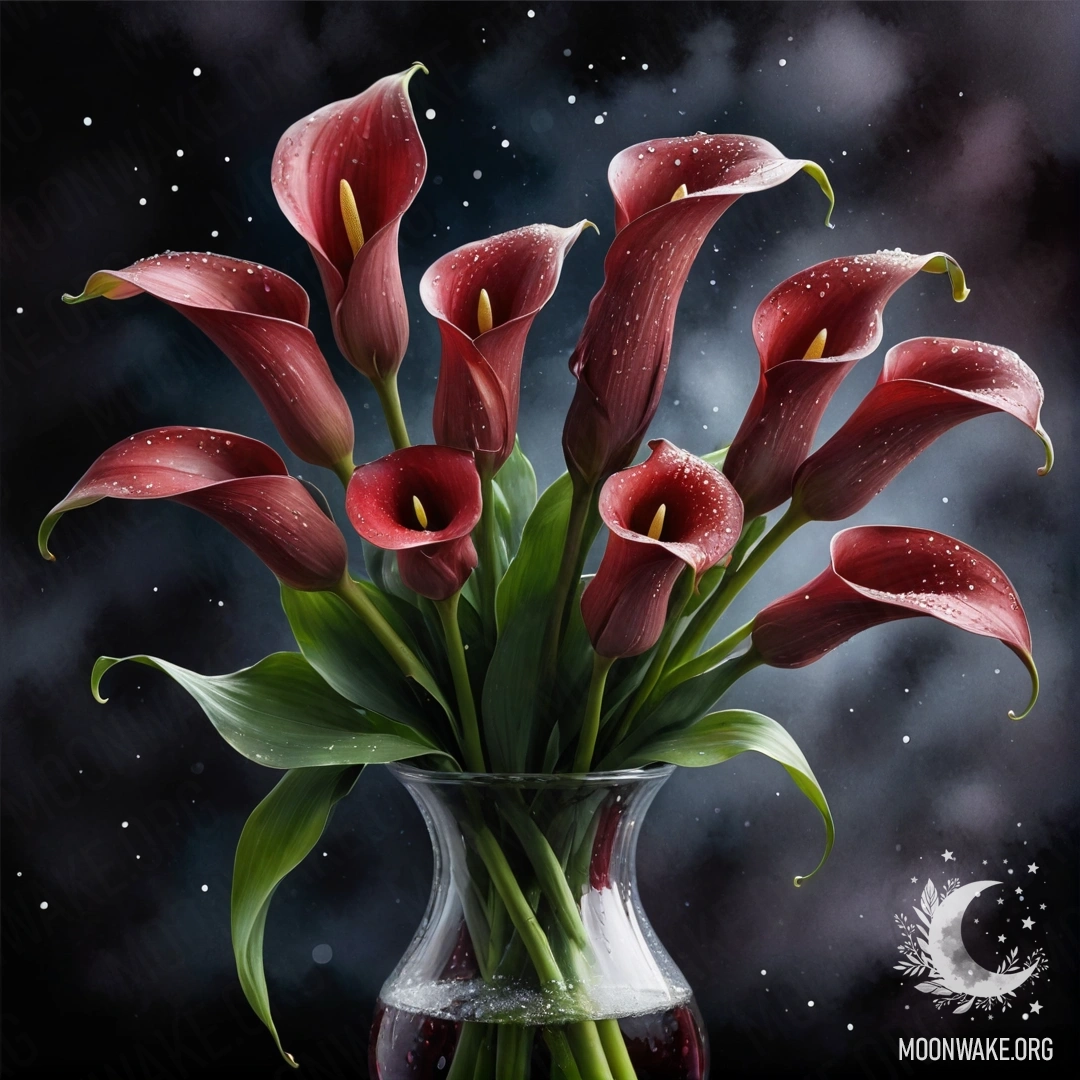 Ваза с милыми красными лилиями, украшенными каплями росы ночью.