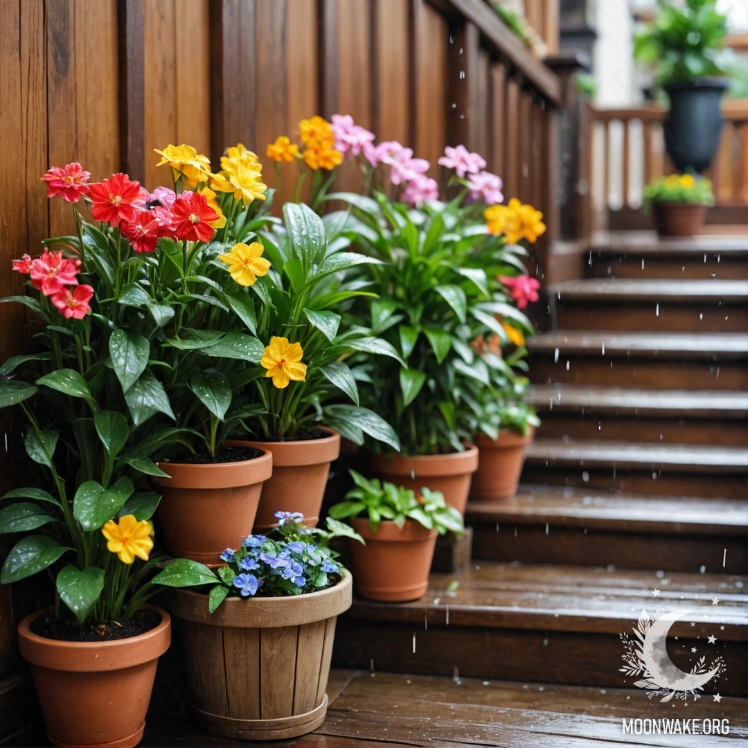 Деревянная лестница с цветочными горшками под дождем.