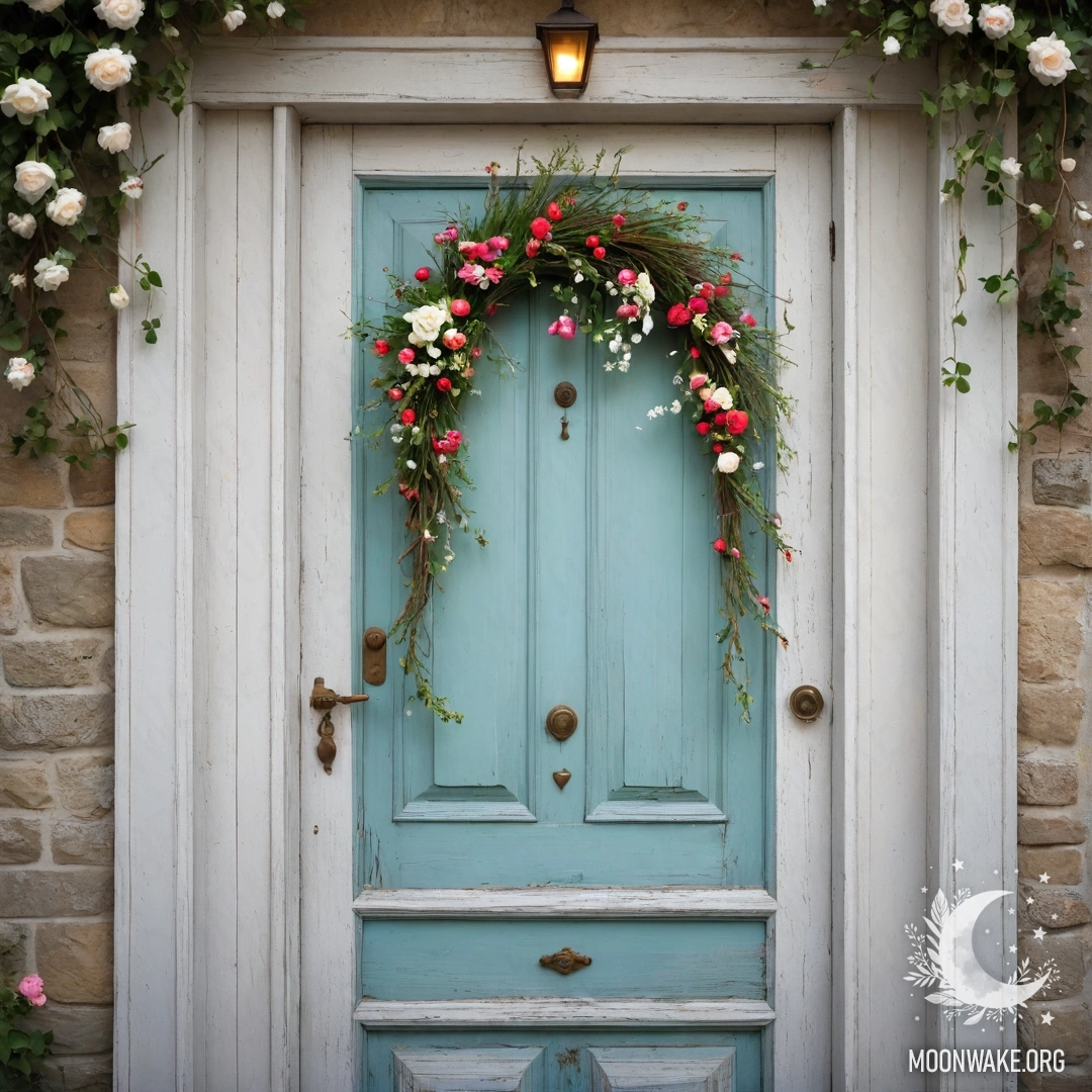 Фотографическое изображение потерянной двери, украшенной веточками с цветами на ручке, освещённой гирляндой света.