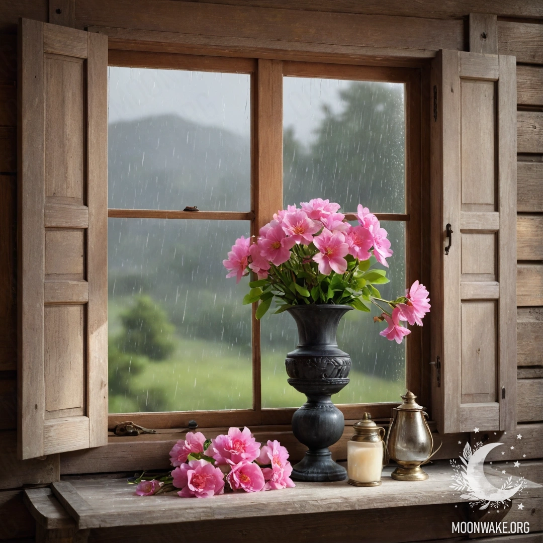 Потертое деревянное окно с ставнями и розовыми цветами под дождем.
