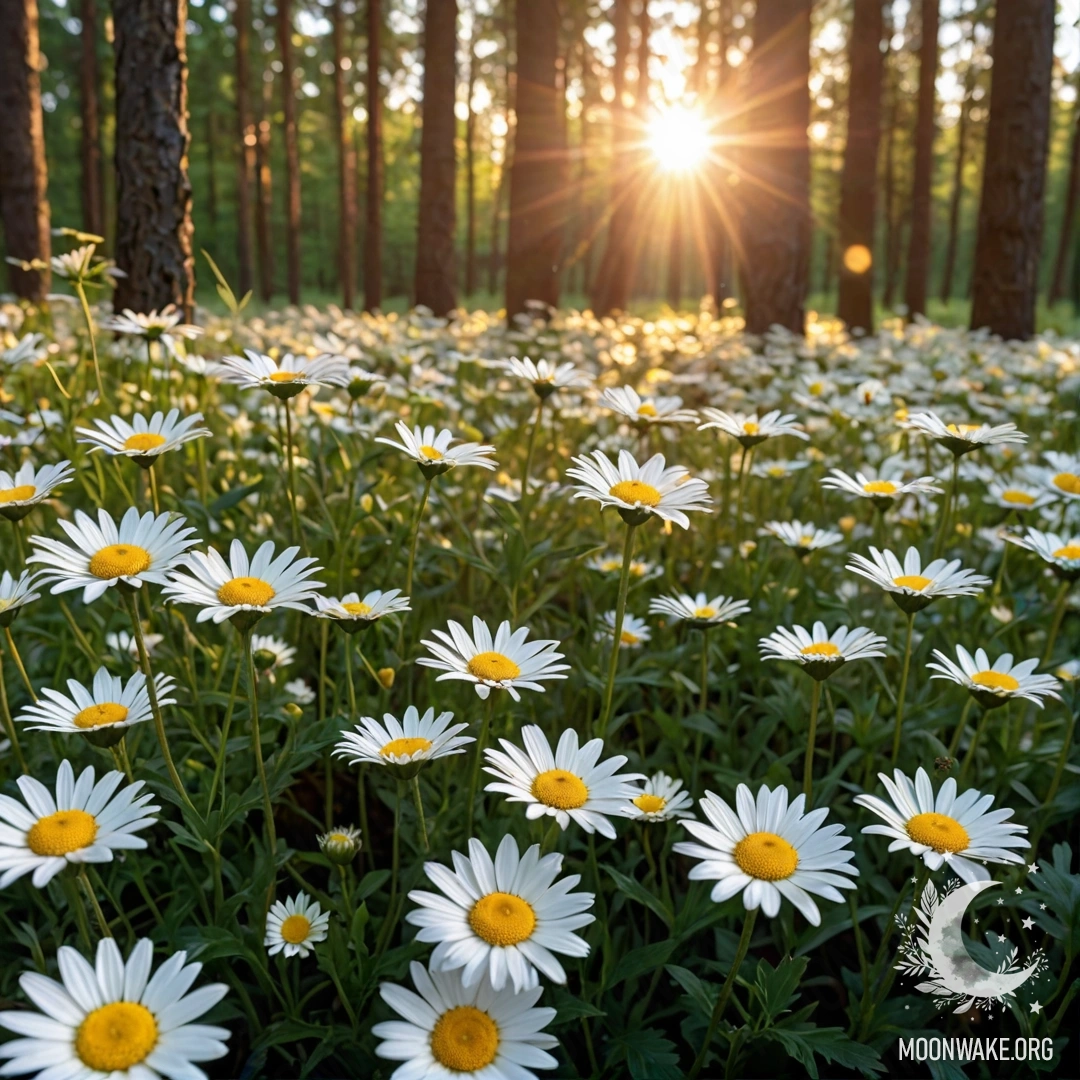 Крупный план ромашек с солнечным светом, пробивающимся сквозь деревья леса на закате.
