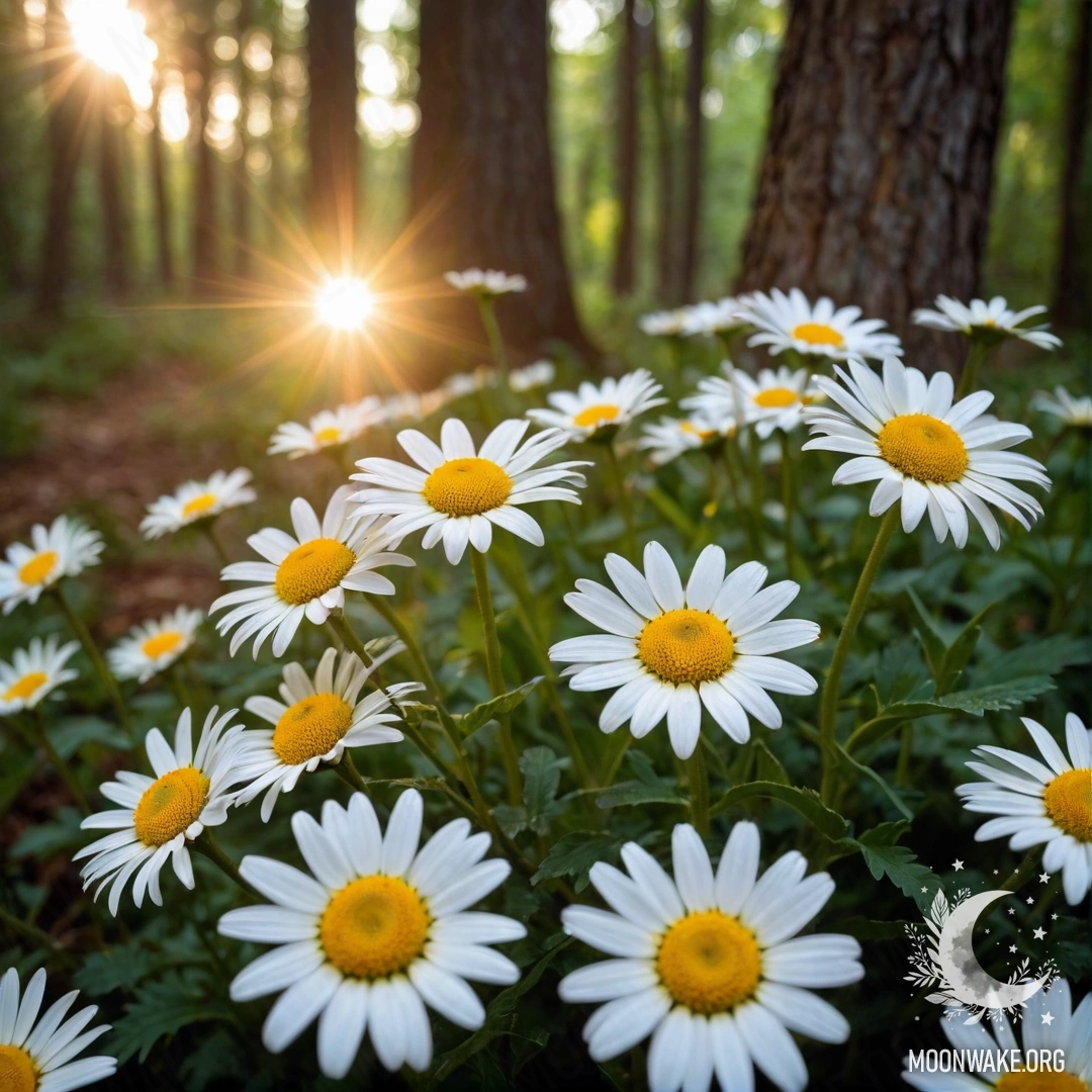 Ракурс на ромашки, освещенные гирляндами, на закате в лесу.