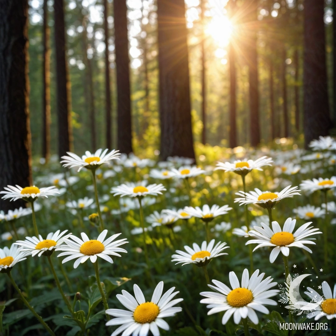 Крупный план ромашек, сквозь деревья сияет солнце на закате.