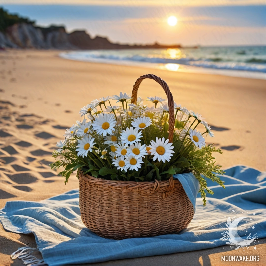 Соломенная сумка с голубой скатертью и букетом ромашек на песчаном пляже на закате, на фоне моря и солнечных лучей.