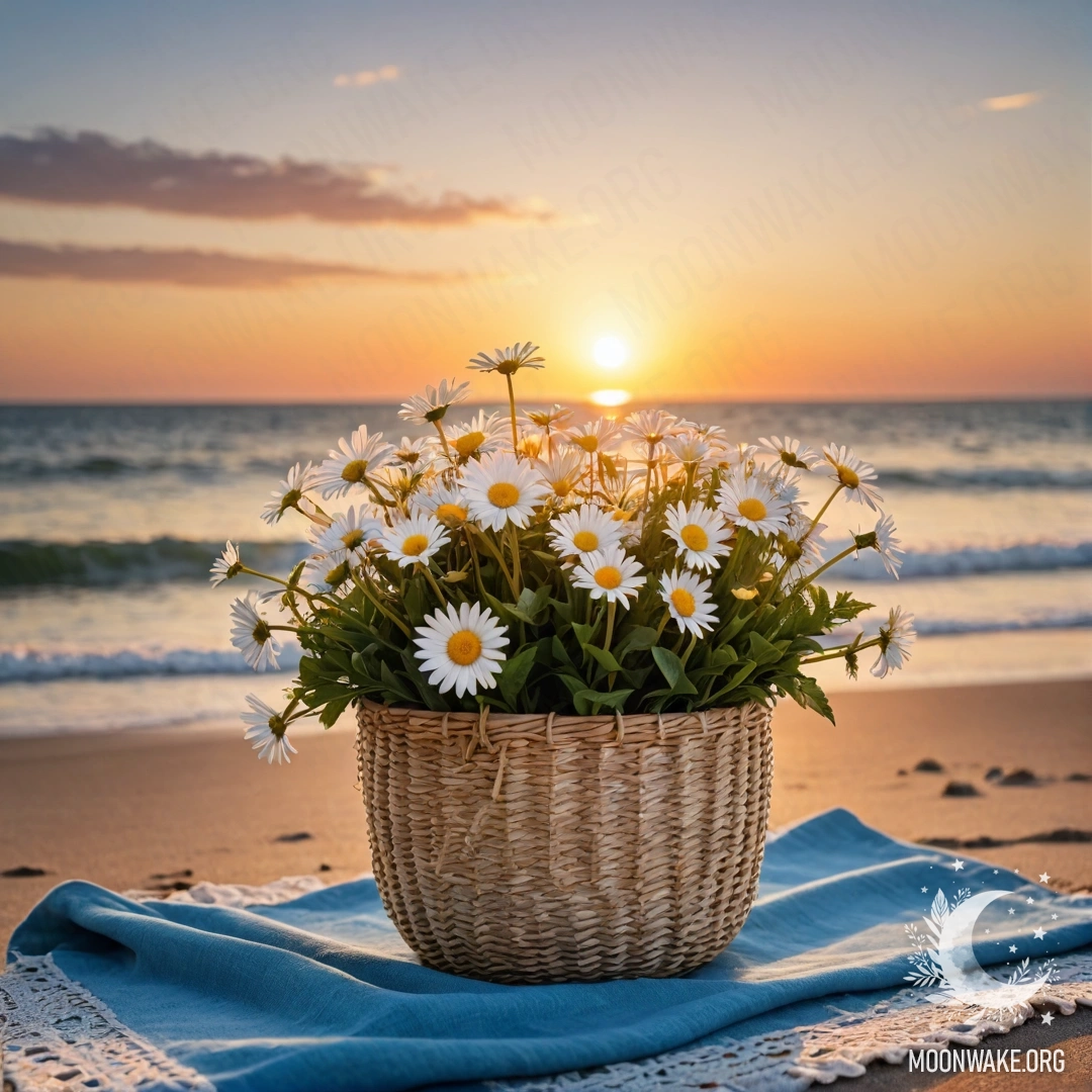Соломенная сумка с голубой скатертью и ромашками на песчаном пляже при закате.