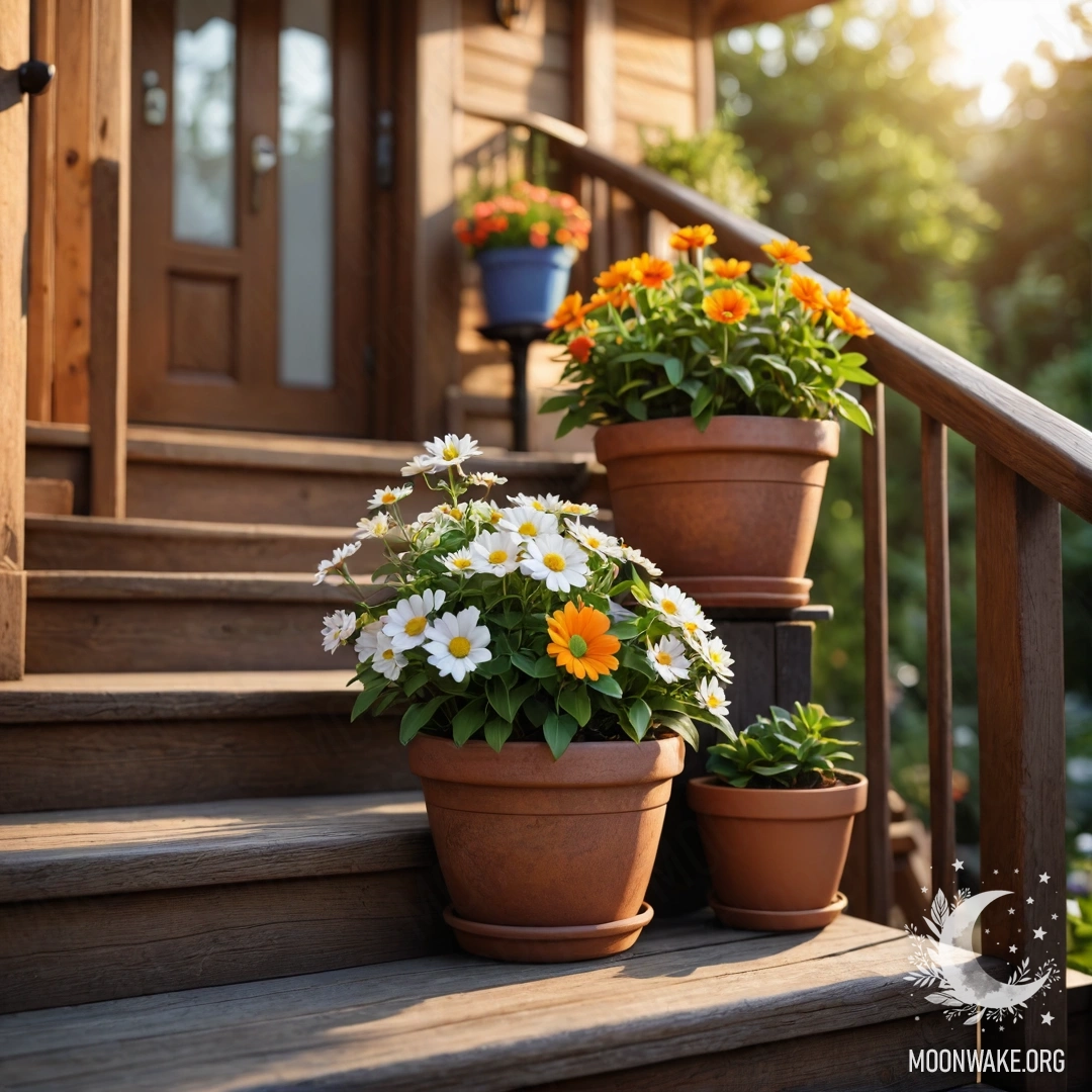Уютная деревянная лестница, украшенная цветочными горшками на закате.