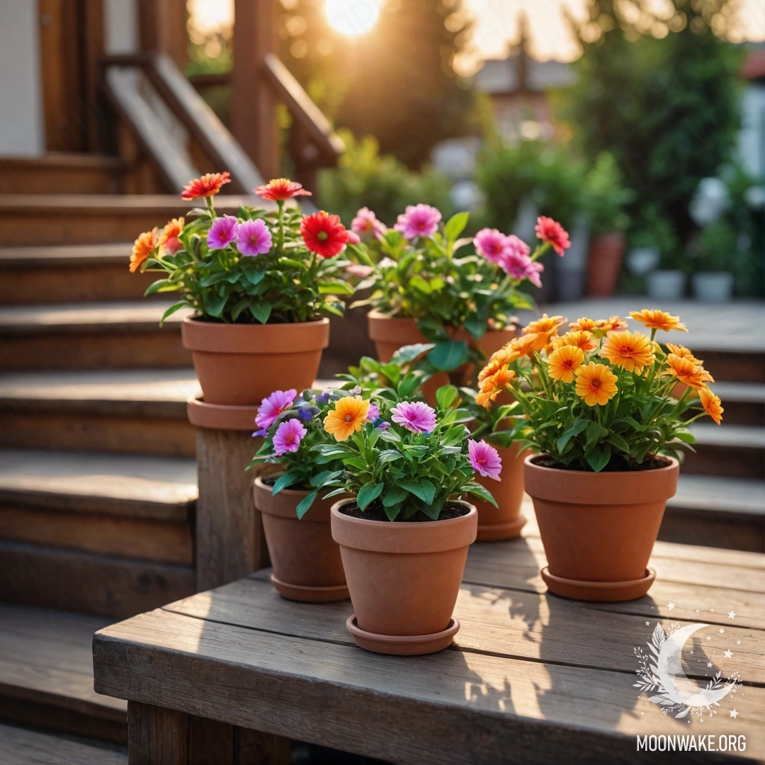 Деревянная лестница с цветочными горшками на фоне заката.