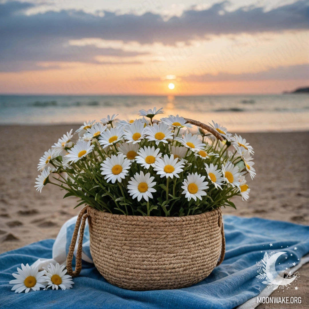 Соломенная сумка с голубой скатертью и ромашками на песчаном пляже на закате, с дождем на заднем плане.